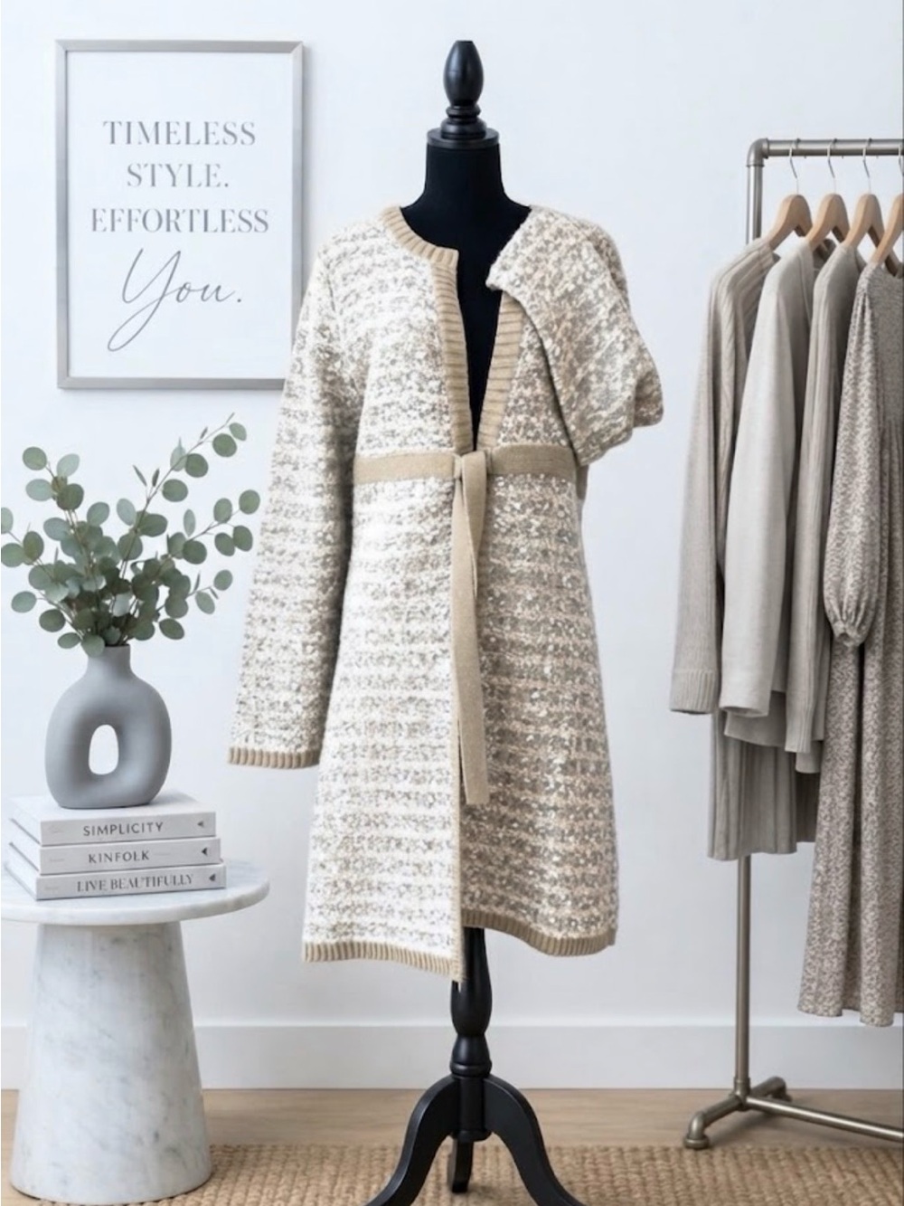 Beige/Gray/Cream Knit/Wool Long Open Front Cardigan with Attached Tie Belt